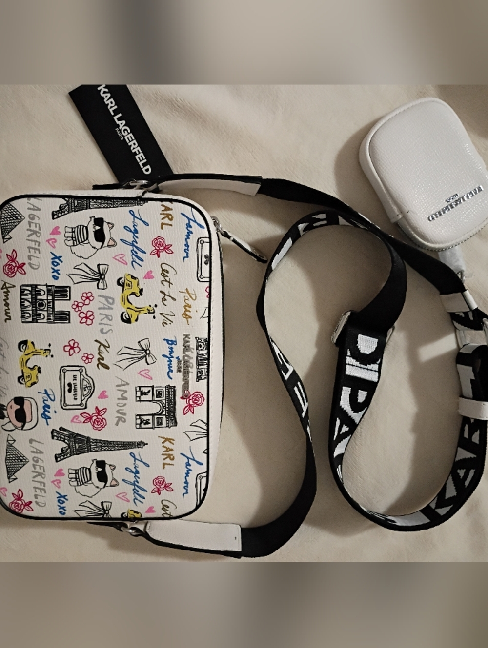 Karl Lagerfeld White Crossbody Bag with Multicolor Paris Prints